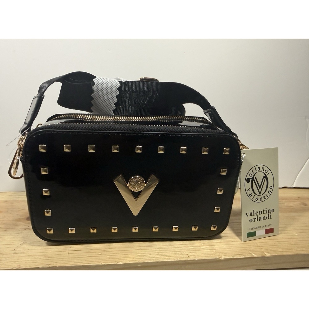 Valentino Orlandi Black Studded Crossbody Bag Gold Hardware Zip Detach Strap NWT